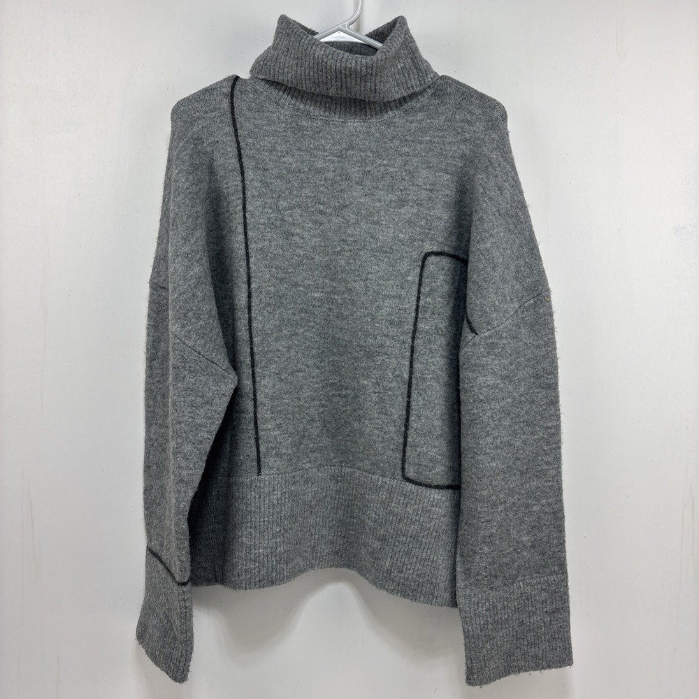 Zara Womens Oversized Boxy Gray Knit High Collar Sweater Contrast Piping Size L